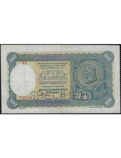 SLOVAQUIE 100 KORUN 7 OCTOBRE 1940 Série N2 perforé SPECIMEN TTB+ (W10s)