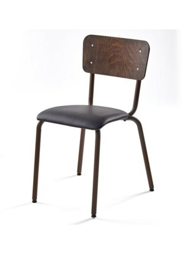 Chaise ALEX structure acier laqué rouillé (aspect Corten) , assise rembourée ecopelle marron dossier bois effet vintage