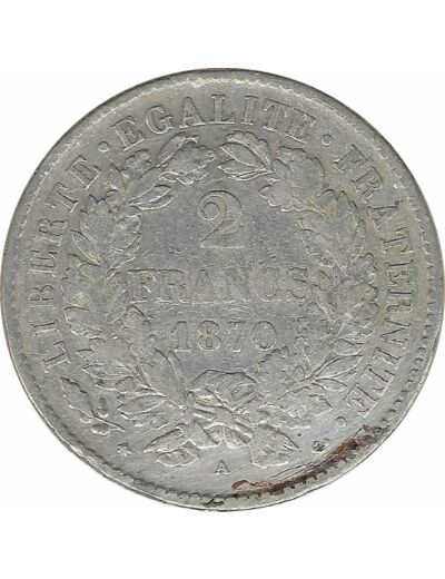 FRANCE 2 FRANCS CERES 1870 A petit A TB+