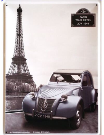 Plaque métal Citroën 2CV Tour Eiffel, 40x30 cm. Décoration vintage - Citroen