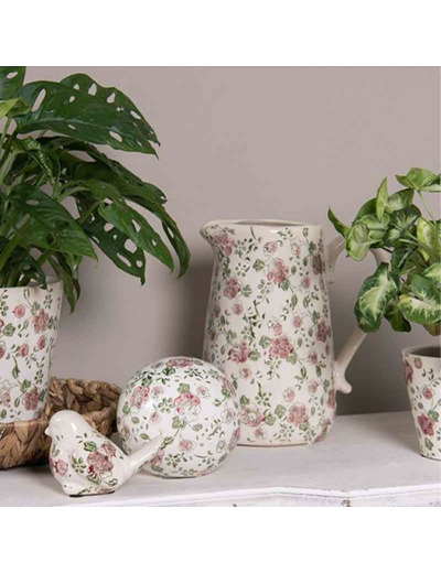 Pichet fleurs rose beige céramique16x11x18cm