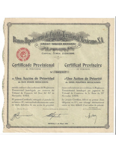 BANCO HIPOTECARIO DE CREDITO TERRITORIAL MEXICANO S.A 1932 CERTIFICAT 1 ACTION