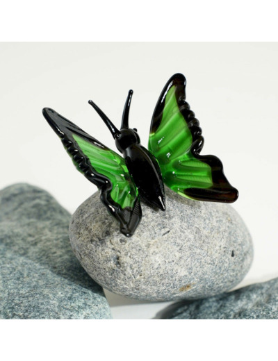 Figurine Miniature Papillon Vert Noir Verre 6x4x4cm