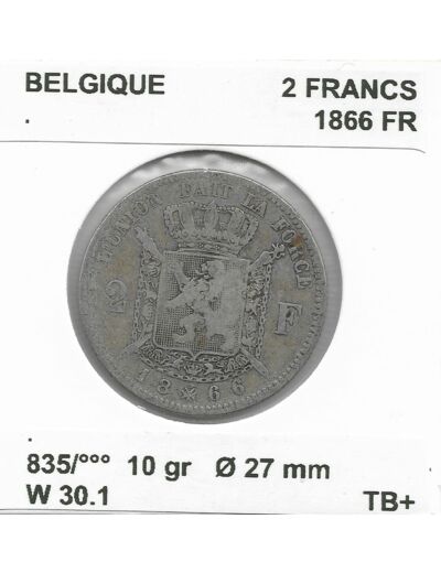 Belgique 2 FRANCS 1866 FR TB+