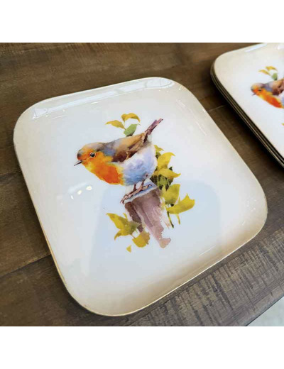 Plateau fer carré crème doré rouge-gorge 16x16cm