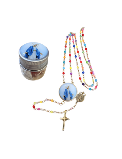 Chapelet Perles verre 2/3mm sur Chaine Argentée - VIERGE MIRACULEUSE