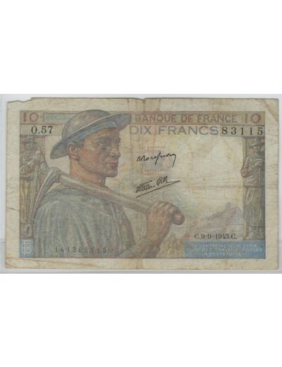 FRANCE 10 FRANCS MINEUR 9-9-1943 SERIE O.57 TB-