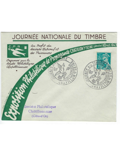 ENVELOPPE TIMBRE 50 CENTIMES JOURNEE NATIONALE DU TIMBRE 1943 CHATILLON/SEINE