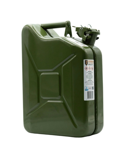 Jerrican essence 10 litres robuste OTAN, remplissage sûr et rapide