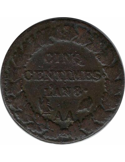 FRANCE 5 CENTIMES DUPRE AN 8 AA (Metz) TB 9gr70