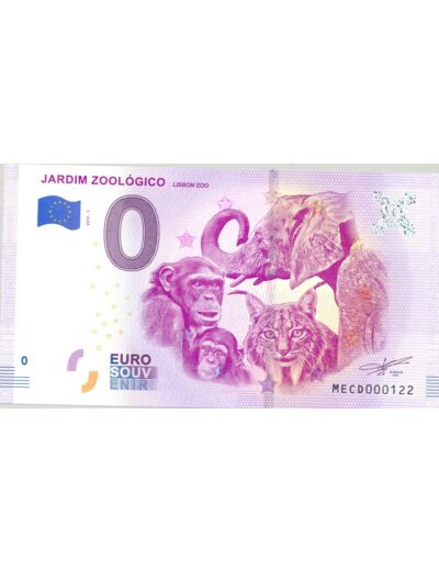 PORTUGAL 2019 -1 JARDIM ZOOLOGICO  0 EURO BILLET SOUVENIR TOURISTIQUE  NEUF