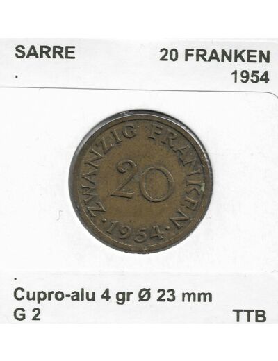 SARRE 20 FRANKEN 1954 TTB (G2)