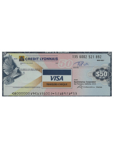 U.S.A. TRAVELERS CHEQUE VISA CREDIT LYONNAIS 50 DOLLARS 135.6002.521.892