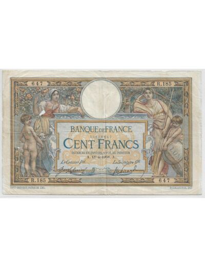 FRANCE 100 FRANCS L.O.M avec LOM SERIE R.185 18-4-1908 TB+