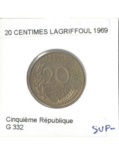 FRANCE 20 CENTIMES LAGRIFFOUL 1969 SUP-