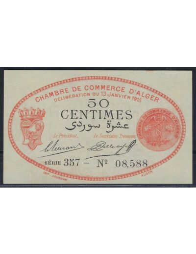ALGERIE 50 CENTIMES CHAMBRE DE COMMERCE D'ALGER 1915 SERIE 357 SUP