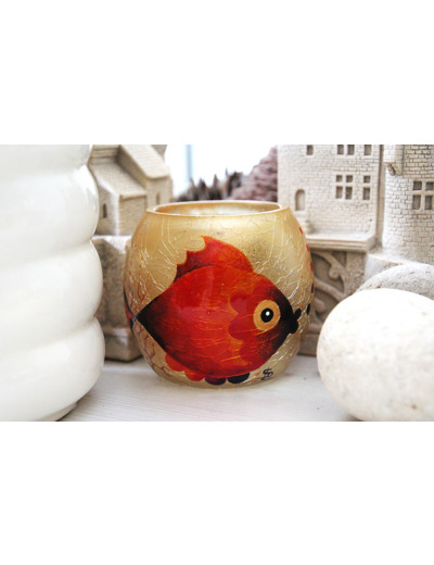 Photophore en verre craquelé peint à la main sur le thème des petits poissons des îles dans les tons rouges orangés