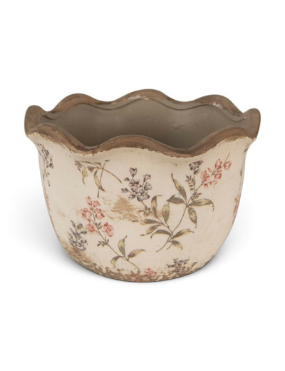 Pot motif floral céramique beige 20x20x13 cm