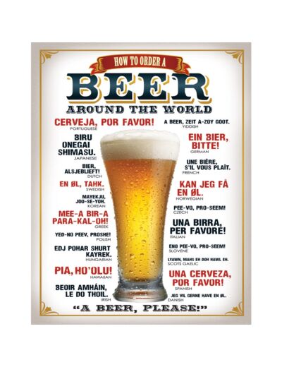 Plaque métal US la bière dans différentes langues - 31.5 x 40 cm.