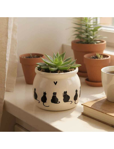 Pot de fleurs chat céramique beige 12x12x10cm