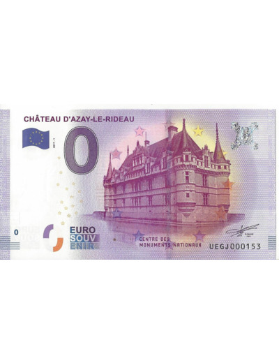 37 AZAY LE RIDEAU 2017-1 CHATEAU D'AZAY LE RIDEAU BILLET SOUVENIR 0 EURO NEUF