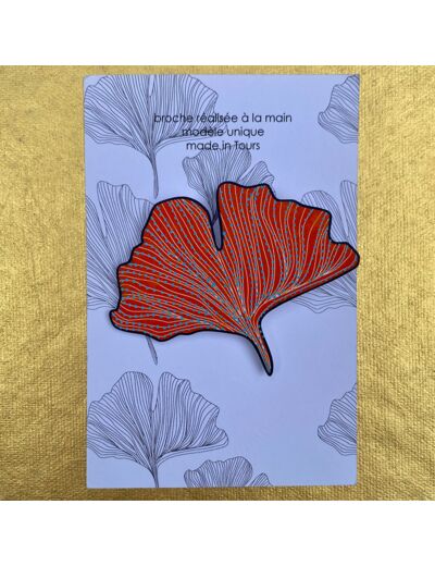 Broche ginko coloris orange pois bleu pailleté