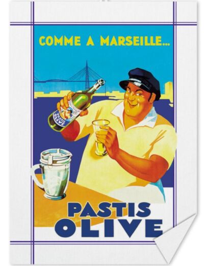 Torchon 100% Coton "Pastis Olive Marseille" - 50 x 70 cm - Editions Clouet.