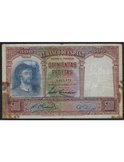 ESPAGNE 500 PESETAS 24-04-1931 TB+ Taches