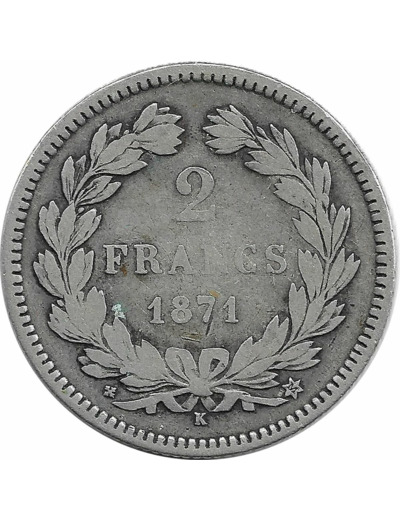 FRANCE 2 FRANCS CERES SANS LEGENDE 1871 K (Bordeaux) TB