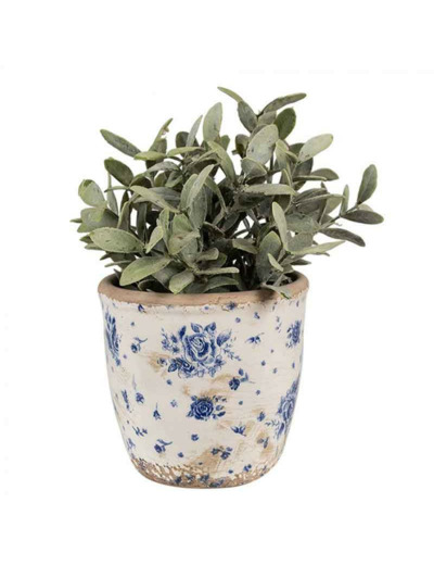 Pot céramique motif floral beige bleu 12x13x13cm