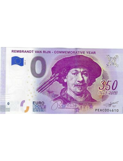 PAYS-BAS 2019-2 REMBRANDT VAN RIJN BILLET SOUVENIR 0 EURO TOURISTIQUE NEUF