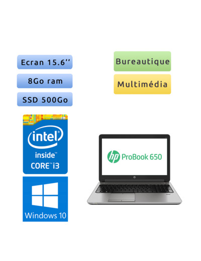 HP ProBook 650 G2 - Windows 10 - i3 8Go 500Go SSD - 15.6 - Webcam - Ordinateur Portable PC - bureautique