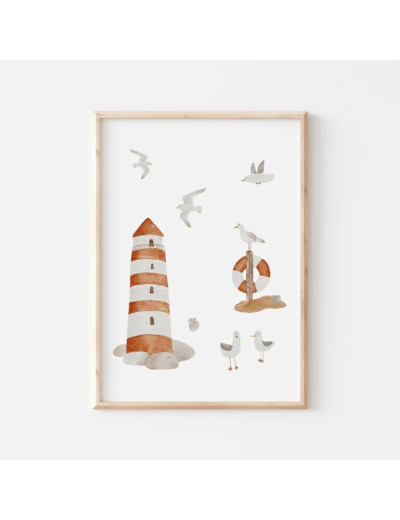 Affiche Enfant encadrée, Phare et Mouettes