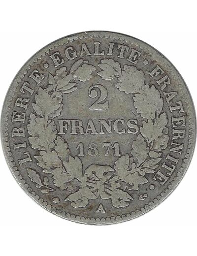 FRANCE 2 FRANCS CERES 1871 A (PARIS) Petit A B+