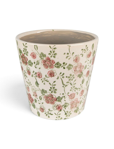 Pot motif floral rose vert céramique beige 17x17x16cm