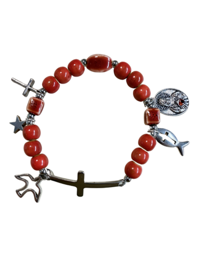 Bracelet élastique 8mm céramique avec médaille 15mm Sacré Coeur