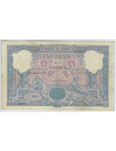 FRANCE 100 FRANCS BLEU ET ROSE SERIE U.4837 26-2-1907 B+