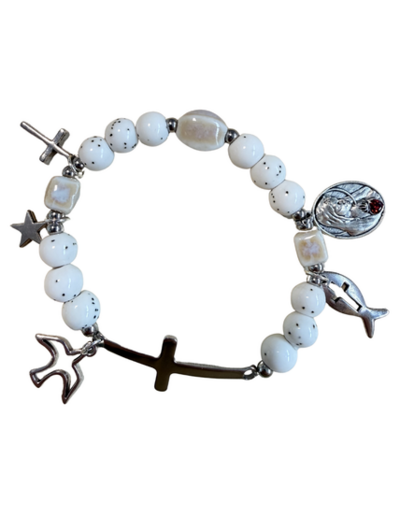 Bracelet élastique 8mm céramique avec médaille - Sacré Coeur de Marie