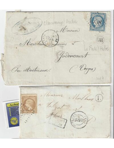 LOT N8 DE 2 ENVELOPPES avec TIMBRES entre 28/01/1867 et 28/02/1872