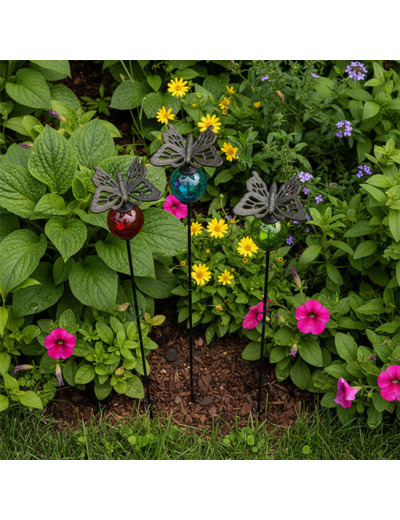 Ensemble 3 tuteurs boules fonte papillon 8x135cm