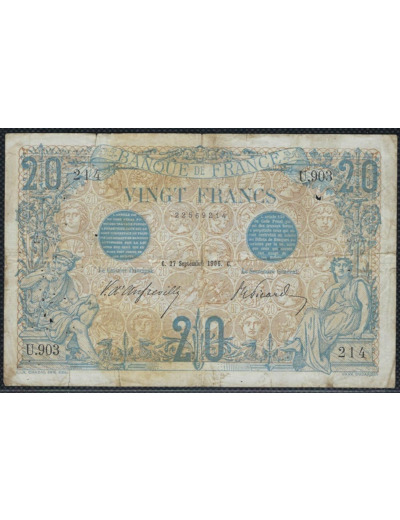 FRANCE 20 FRANCS BLEU 27 SEPTEMBRE 1906 U.903 TB