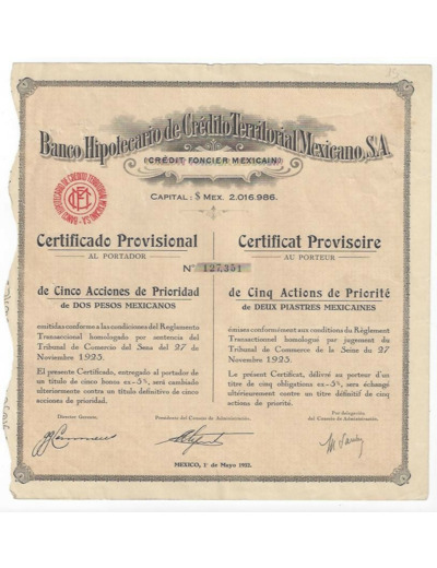 BANCO HIPOTECARIO DE CREDITO TERRITORIAL MEXICANO S.A 1932 CERTIFICAT 5 ACTIONS