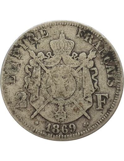 FRANCE 2 FRANCS NAPOLEON III 1869 BB (Strasbourg) B+ N1