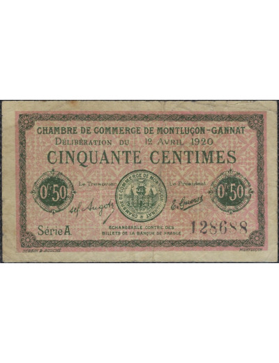 03 ALLIER CHAMBRE DE COMMERCE DE MONTLUCON GANNAT 50 CENTIMES 1920 SERIE A TTB-