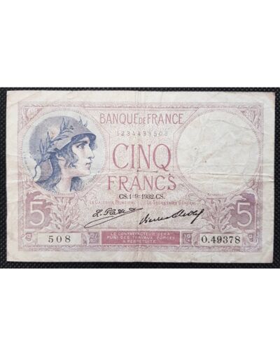 FRANCE 5 FRANCS VIOLET 1-9-1932 O.49378 TB+ F 03/16