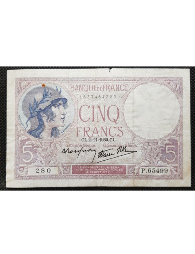 FRANCE 5 FRANCS VIOLET 2-11-1939 P.65499 TB+ F 04/14