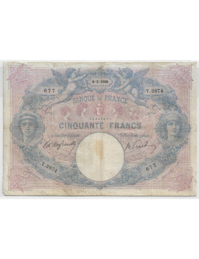 FRANCE 50 FRANCS BLEU ET ROSE SERIE Y.2874  8-2-1906 TB