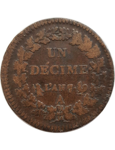 FRANCE UN DECIME AN 7 A (Paris) 7/5 A/A COQ/CORNE TB+