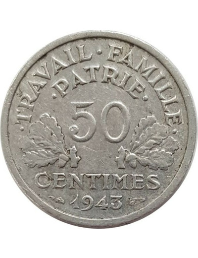 FRANCE 50 CENTIMES BAZOR 1943 B TTB poids faible 0gr69