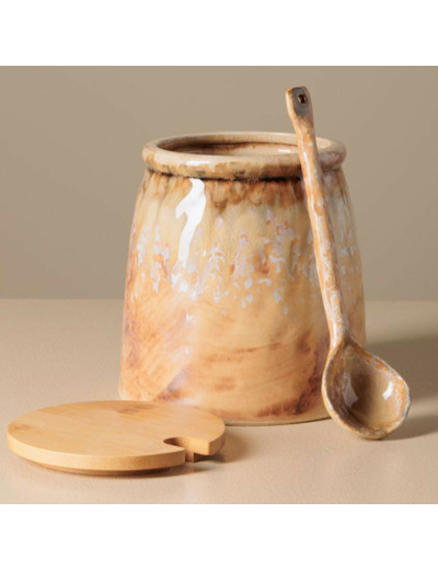 Grand pot à moutarde avec sa cuillère beige en céramique 14x13cm